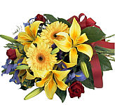 Attractive wrapped bouquet of bright and beautiful flowers in yellow, red and purple. We are Canada Flowers, Canada's National Florist.