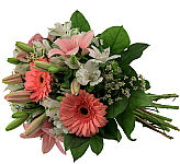 Freshness is a pretty pink and white bouquet for anytime gift giving, made with the freshest pink lilies, white alstroemeria, delicate waxflower and pink Gerbera daisies.