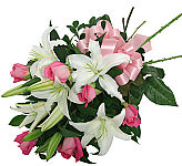 Send a freshly cut bouquet of white lily stems with six pink roses, greens and matching pink bow.
