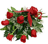Affordable bouquet of six red long stem roses, wrapped and tied with a bow. From only $40 Canadian, delivered to most towns and cities across Canada.