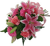Hand tied bouquet of Stargazer Lilies, hot pink Gerbera Daisies and pink Carnations with greens and pink bow.