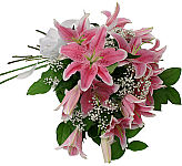 Affordable wrapped bouquet of pink lilies for sympathy. Same day flower delivery across Canada.