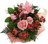 Affordable fresh flower bouquet of pink roses, red alstroemerias and assorted greens.