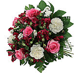 Send her a beautiful hand tied bouquet of pink roses, fuchsia carnations, deep red alstroemerias and delicate white statice, with lush greenery.