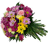 Hand tied bouquet of pink, mauve, lavender, yellow and purple blooms. Same day delivery across Canada.