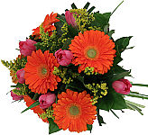 Canada Flowers presents a fresh new handtied bouquet of pink tulips and orange Gerbera daisies. Featuring same day florist delivered flowers across Canada.