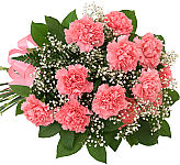Wrapped bouquet of one dozen pink carnations with baby's breath, greens and matching pink bow. A long lasting, economical gift.