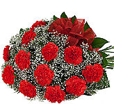 One dozen red carnations arranged in a glass vase with baby's breath, greens and red bow.