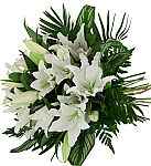 Express your sympathy with this beautiful hand tied bouquet of white lilies with lush, assorted greenery.