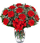 One dozen red carnations arranged in a glass vase with baby's breath, greens and red bow.