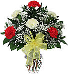 Colourful and affordable floral arrangement of three red and three yellow carnations with added baby's breath, greens and ribbon. Perfect for any occasion.