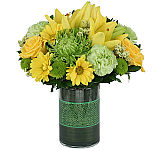 Cylinder vase of gorgeous green and yellow flowers for Administrative Professionals Week, including roses, lilies, daisies and fuji mums. Delivery across Canada.