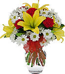 Uplifting and affordable flower arrangement of yellow lilies, white daisies and red carnations for Administrative Professionals Day.