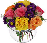 Amazing arrangement of pink, yellow and orange roses to help you celebrate your special day. Same day delivery available.