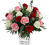 Celebrate your anniversary with an abundant bouquet of 18 mixed colour long stem roses, elegantly arranged in a glass cubed vase with added greens. Colours include red for love, white for purity, and pink for gratitude and respect. Same day delivery across Canada.