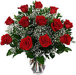 One dozen red roses arranged with baby's breath in a clear glass vase. Fresh, beautiful and longlasting flowers by Canada's National Florist.