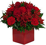 A red cube vase is arranged with lush red roses, red carnations, and dark red alstroemerias. Available same day across Canada.