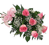 Lovely bouquet of six pink long stemmed roses with baby's breath, greenery and matching pink bow. Shop online for same day delivery.
