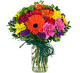 Country classic Mason Jar is florist filled with assorted bright and colourful flowers for any occasion.