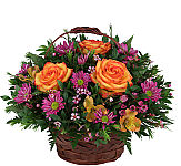 Just For Her floral basket featuring beautiful roses, alstroemeria and assorted pink and mauve blooms. Same day delivery to most Canadian cities and towns.