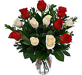 Beautiful arrangement of one dozen red and white roses in a vase. Order flowers online for same day delivery across Canada.