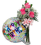 Send your birthday wishes with a pretty bud vase arrangement of 3 pink roses with added mylar balloon.