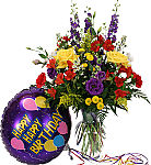 Fireworks is a Canada Flowers Original arrangement of colourful flowers in a vase plus a festive balloon for birthday celebrations. Flowers can be delivered same day across Canada.