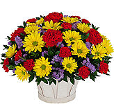 Bright and cheerful floral arrangement of vibrant, colourful flowers for birthday gift giving across Canada.