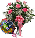 Send six pink roses, arranged in a glass vase with baby's breath, pink satin bow and festive balloon for a birthday celebration.