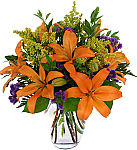 Sunset Glow. Striking bouquet of orange lilies with blue statice, solidago and wisps of green foliage, expertly arranged in a clear glass vase.