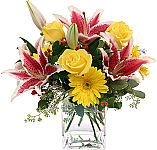 Another Canada Flowers original birthday flower bouquet in a clear glass vase. Featuring a beautiful combination of stargazer lilies, roses, gerbera and more. Fully guaranteed flower delivery services across Canada.