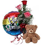 Our Sweetest collection features 3 red and pink roses in a bud vase with baby's breath, greenery and red ribbon plus a plush teddy bear and birthay balloon.