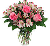 Give her an affordable vase arrangement of pink roses and pink Alstroemerias, perfectly paired with greenery. Same day flower delivery with Canada Flowers.