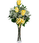 Special bud vase floral arrangement of 3 yellow roses with baby's breath. Delivered same day in Canada for $39.