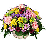 Pink carnations, mauve daisies, yellow chrysanthemums and green buttom poms arranged in a handled basket.