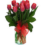 Clear glass cylinder vase arrangement of fresh red tulips with matching red organza bow. Canada's National Florist.