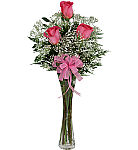 Elegant bud vase floral arrangement of 3 pink roses. Same day Canada wide delivery.