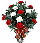 Festive Spirit. Vase arrangement 12 red and white long lasting carnations with Christmas greens, a matching festive bow and added decorations.