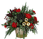Add a little glitz and glam to your table this season with our Sparkle and Shine bouquet! A glittery gold vase filled with holiday greenery and decor with carnations and berries is perfect for anyone's holiday celebration!  
