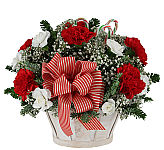 A natural wood basket holds an affordable and festive Christmas floral arrangement of red and white flowers with candy canes and ribbon.