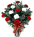 Glass vase arrangement of 12 red and white long lasting carnations with Christmas greens, a matching festive bow and added seasonal decorations. Flower delivery services across Canada same day.