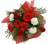 Give your best wishes for a wonderful Holiday this year with our latest festive bouquet. Red and white flowers arrive nicely wrapped with Christmas greens and a red bow. Featuring a clever mix of red roses, red gerbera daisies and white carnations