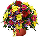 A variety of colourful blooms is arranged in a cylinder vase with added curly ribbon · to add some zest and excitement to any celebration or occasion where party flowers are called for.