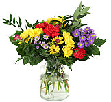 Affordable bouquet of yellow daisies, green button poms, carnations, mini carnations and asters. Say Congratulations with this Canada Flowers original gift.