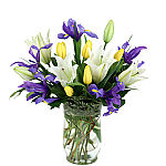 Colour and Light is a Canada Flowers Original bouquet of yellow tulips, purple iris and white lilies. Same day flower delivery across Canada.