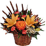 Fall basket of orange lilies, variegated miniature carnations, limonium, wheat, greenery all brought together with an orange rose in the middle.