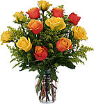 Brilliant arrangement of one dozen yellow and orange roses for autumn. Same day flower and rose delivery across Canada.