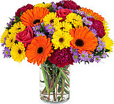 Dazzling display of colourful flowers professionally arranged in a glass vase and delivered same day across Canada.