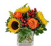 Shine Bright is an uplifting floral arrangement of sunflowers, peach-orange roses, hypericum berries, solidago and lush greens.
