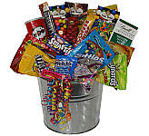 Father's Day junk food bucket by Canada Flowers. A metallic pail is filled with sweets, treats, snacks and chips. Next day delivery across Canada by Canada Flowers.